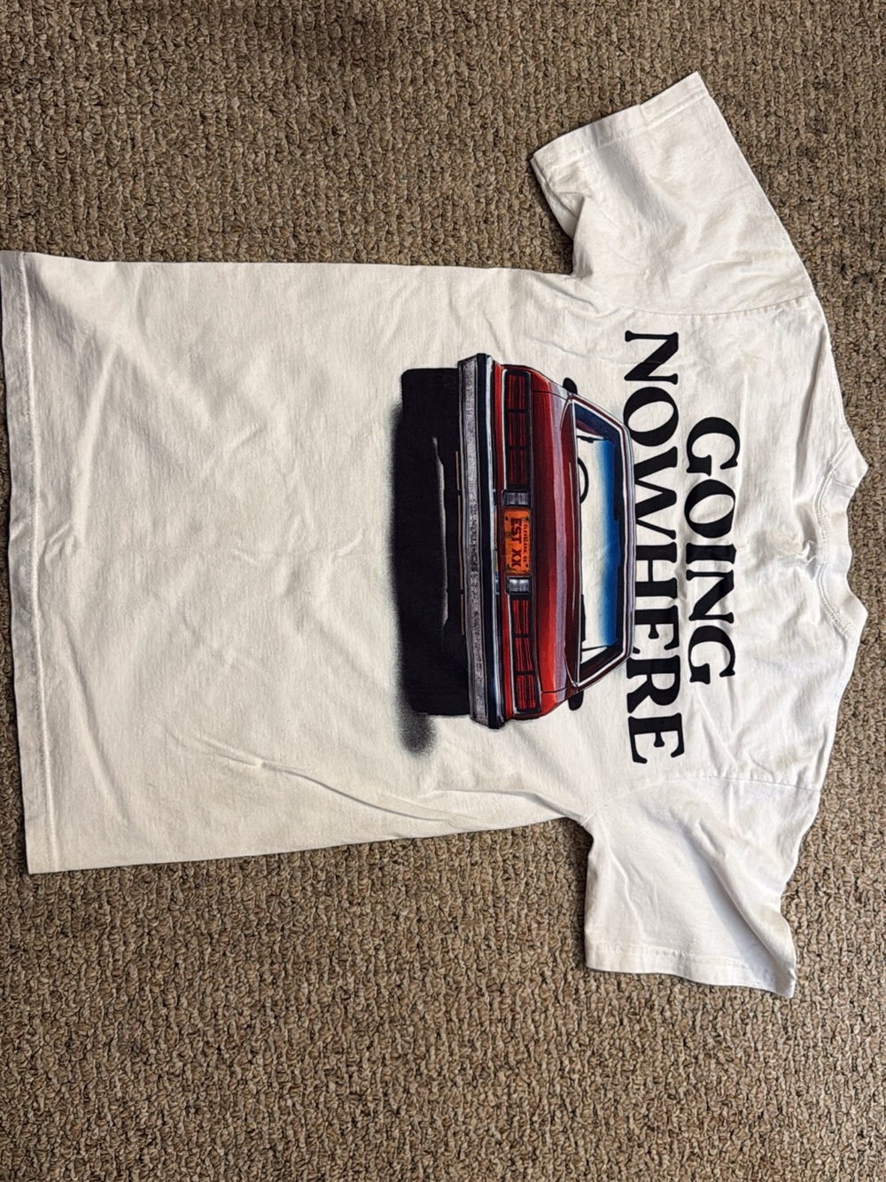 Men's White Graphic Tee with Red Car Print